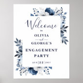 ネイビーブルーフローラ婚約パーティウェルカムサイン ポスター (正面)