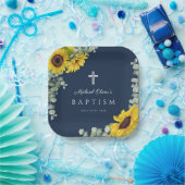 ネイビーブルーフローラ宗教十字洗礼 ペーパープレート (パーティー)