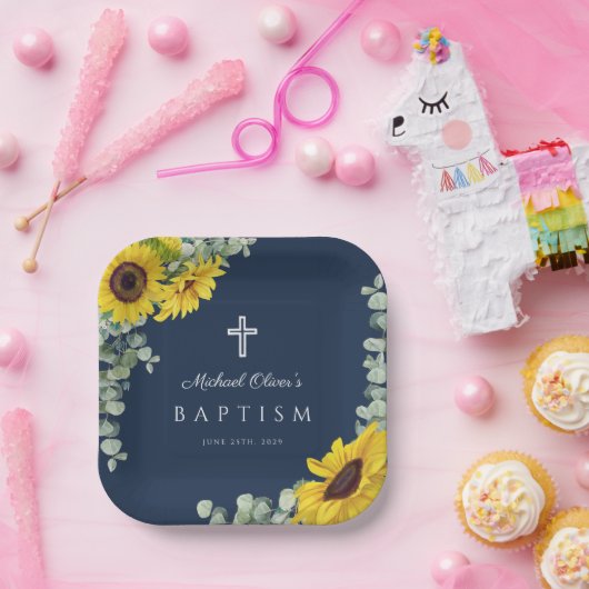 ネイビーブルーフローラ宗教十字洗礼 ペーパープレート (パーティー)