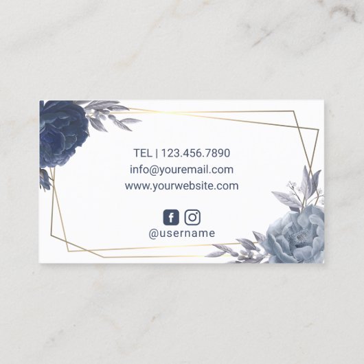 ネイビーブルーフローラ幾何学的金ゴールドフレーム美しいサロン 名刺 (裏面)