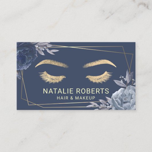 ネイビーブルーフローラ幾何学的金ゴールドフレーム美しいサロン 名刺 (正面)