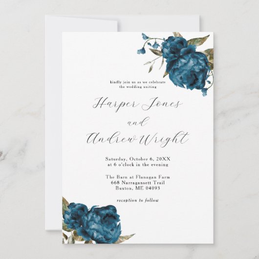 ネイビーブルーフローラ庭園の結婚式 招待状 (正面)