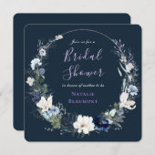 ネイビーブルーフローラ植物学ブライダルシャワーの発明 招待状 (正面/裏面)