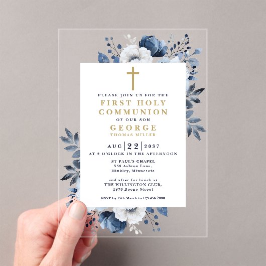 ネイビーブルーフローラ植物第1聖餐式 アクリル招待状 (インサイチュ (ポータブル))
