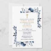 ネイビーブルーフローラ植物第1聖餐式 招待状 (正面)