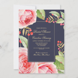 ネイビーブルーフローラ水彩ブライダルシャワー 招待状
