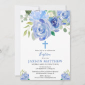 ネイビーブルーフローラ水彩洗礼少年 招待状 (正面)