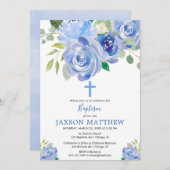 ネイビーブルーフローラ水彩洗礼少年 招待状 (正面/裏面)