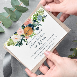 ネイビーブルーフローラ水色モノグラムブライダルシャワー 招待状