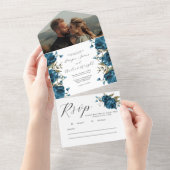 ネイビーブルーフローラ秋の結婚式 オールインワン招待状 (貼ってはがせる)