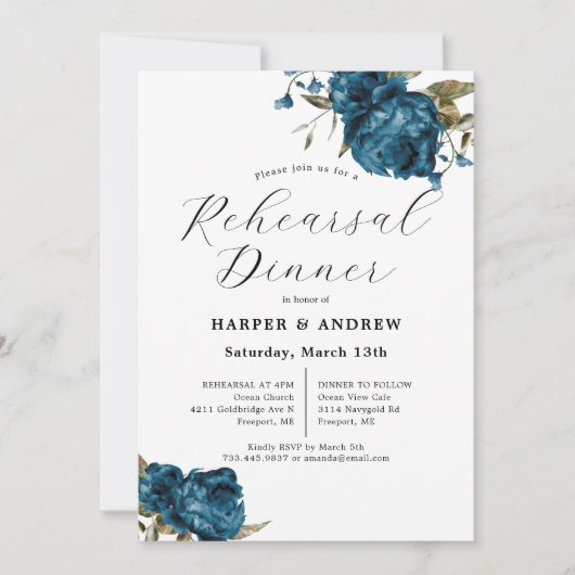 ネイビーブルーフローラ結婚のリハーサルディナー 招待状 (正面)