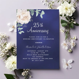 ネイビーブルーフローラ結婚グリーン25周年 招待状