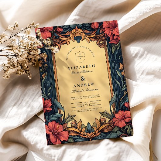 ネイビーブルーフローラ結婚ズアールヌーボー 招待状