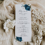 ネイビーブルーフローラ結婚ズディナー メニュー<br><div class="desc">フローラのエレガントディナー結婚メニューカードは、緑とネイビー青い牡丹の花の水色イラストレーションを特徴とする。</div>