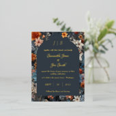 ネイビーブルーフローラ結婚ズ 箔招待状ポストカード (立ち正面)