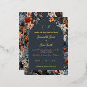 ネイビーブルーフローラ結婚ズ 箔招待状ポストカード (正面/裏面)