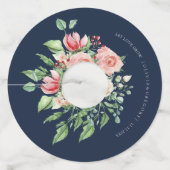 ネイビーブルーフローラ結婚ピンクのワイングラスラベル ワイングラスタグ (正面)