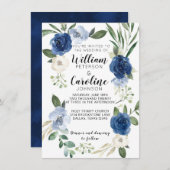 ネイビーブルーフローラ結婚式招待状招待状 招待状 (正面/裏面)