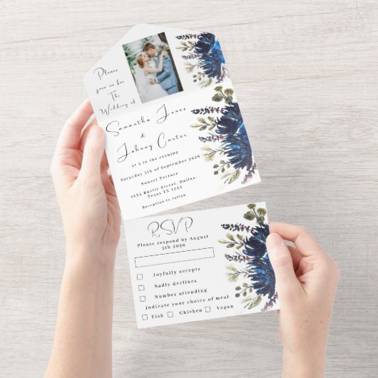 ネイビーブルーフローラ緑結婚の写真 オールインワン招待状 (貼ってはがせる)