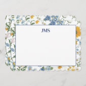 ネイビーブルーフローラ縁どモノグラム静止型 ノートカード (正面/裏面)