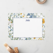 ネイビーブルーフローラ縁どモノグラム静止型 ノートカード (正面/裏面インサイチュ)