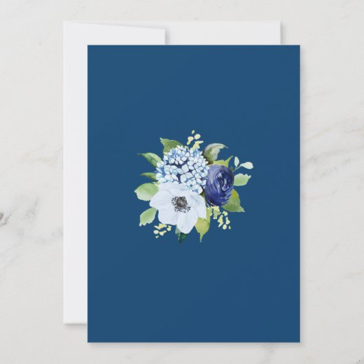 ネイビーブルーフローラ縁ど金ゴールド水色結婚の 招待状 (裏面)