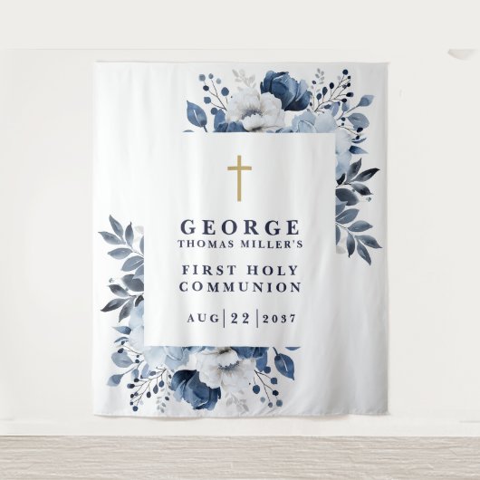 ネイビーブルーフローラ聖体写真背景 タペストリー (正面)