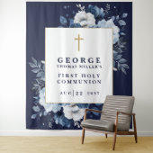 ネイビーブルーフローラ聖体写真背景 タペストリー (インサイチュ)