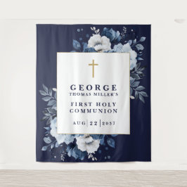 ネイビーブルーフローラ聖体写真背景 タペストリー