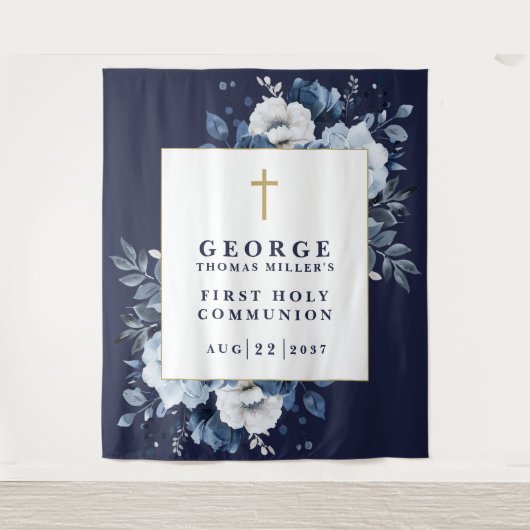 ネイビーブルーフローラ聖体写真背景 タペストリー (正面)
