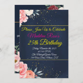 ネイビーブルーフローラ誕生日招待状 招待状 (正面/裏面)