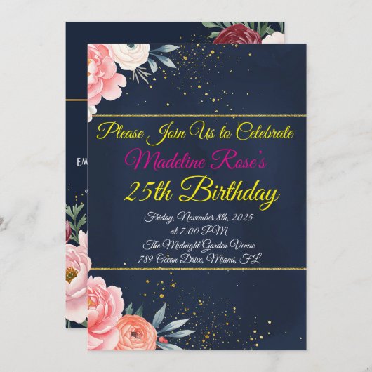 ネイビーブルーフローラ誕生日招待状 招待状 (正面/裏面)