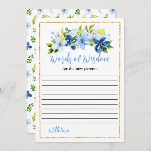 ネイビーブルーフローラ赤ちゃんシャワー知恵の言葉 招待状 (正面/裏面)