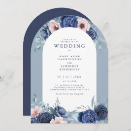 ネイビーブルーフローラ赤面ピンク結婚式招待状 招待状
