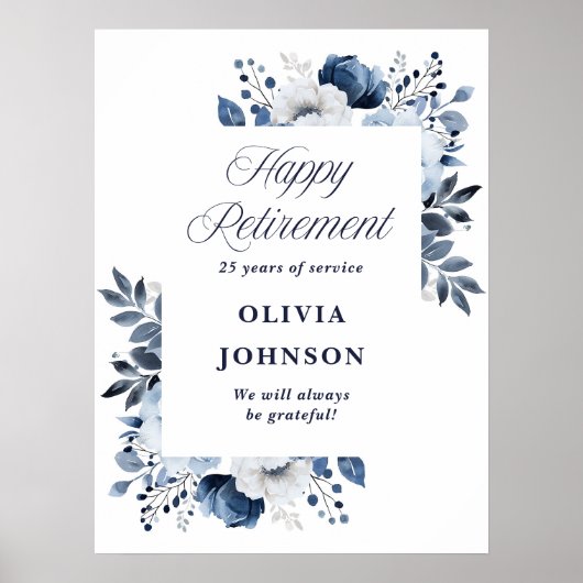 ネイビーブルーフローラ退職パーティーウェルカムサイン ポスター (正面)
