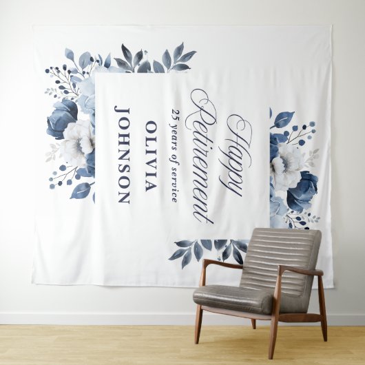 ネイビーブルーフローラ退職パーティー写真の背景 タペストリー (インサイチュ(横))