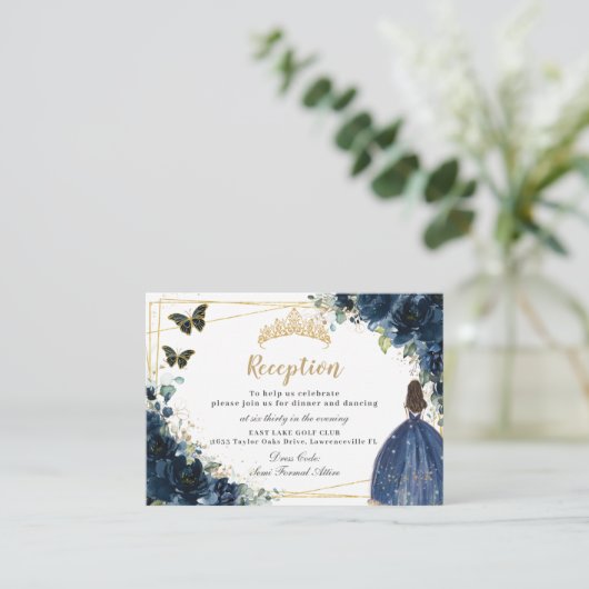 ネイビーブルーフローラ金ゴールドキンセアニラ披露宴 エンクロージャーカード (スタンド正面)