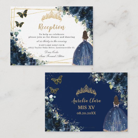 ネイビーブルーフローラ金ゴールドキンセアニラ披露宴 エンクロージャーカード (正面/裏面)