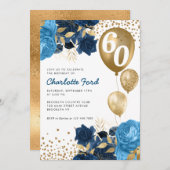 ネイビーブルーフローラ金ゴールドグリッターバルーン誕生日 招待状 (正面/裏面)