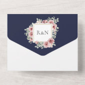 ネイビーブルーフローラ金ゴールドジオメト結婚リ オールインワン招待状 (裏面)