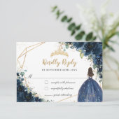 ネイビーブルーフローラ金ゴールドプリンセスキンセアニラ返信 出欠カード (スタンド正面)