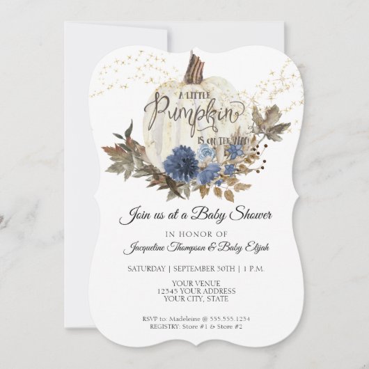 ネイビーブルーフローラ金ゴールドホワイトパンプキンベイビーシャワー 招待状 (正面)