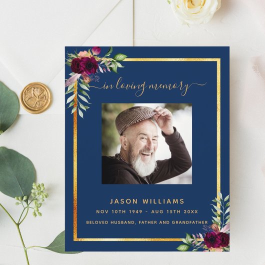 ネイビーブルーフローラ金ゴールド写真葬儀プログラム