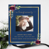 ネイビーブルーフローラ金ゴールド写真葬儀プログラム