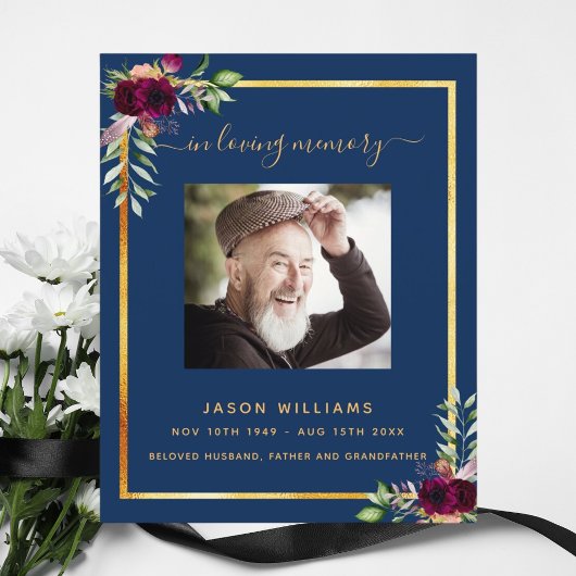 ネイビーブルーフローラ金ゴールド写真葬儀プログラム