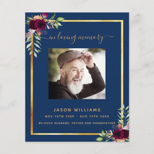 ネイビーブルーフローラ金ゴールド写真葬儀プログラム (正面)