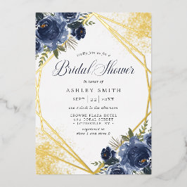 ネイビーブルーフローラ金ゴールド幾何学的ブライダルシャワー 箔招待状