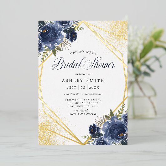 ネイビーブルーフローラ金ゴールド幾何学的ブライダルシャワー 箔招待状 (立ち正面)