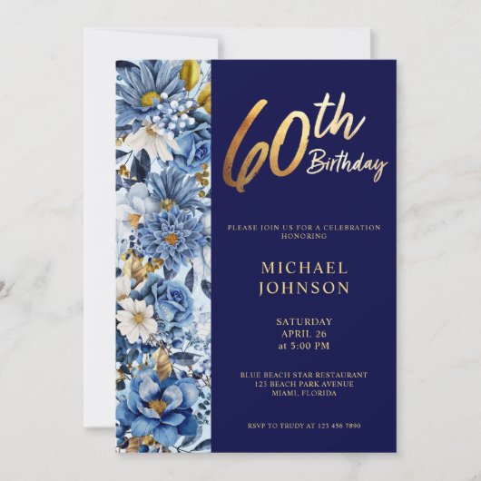 ネイビーブルーフローラ60thバースデーパーティー 招待状 (正面)