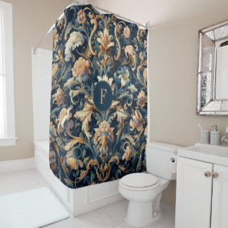 ネイビーブルーフローラ シャワーカーテン